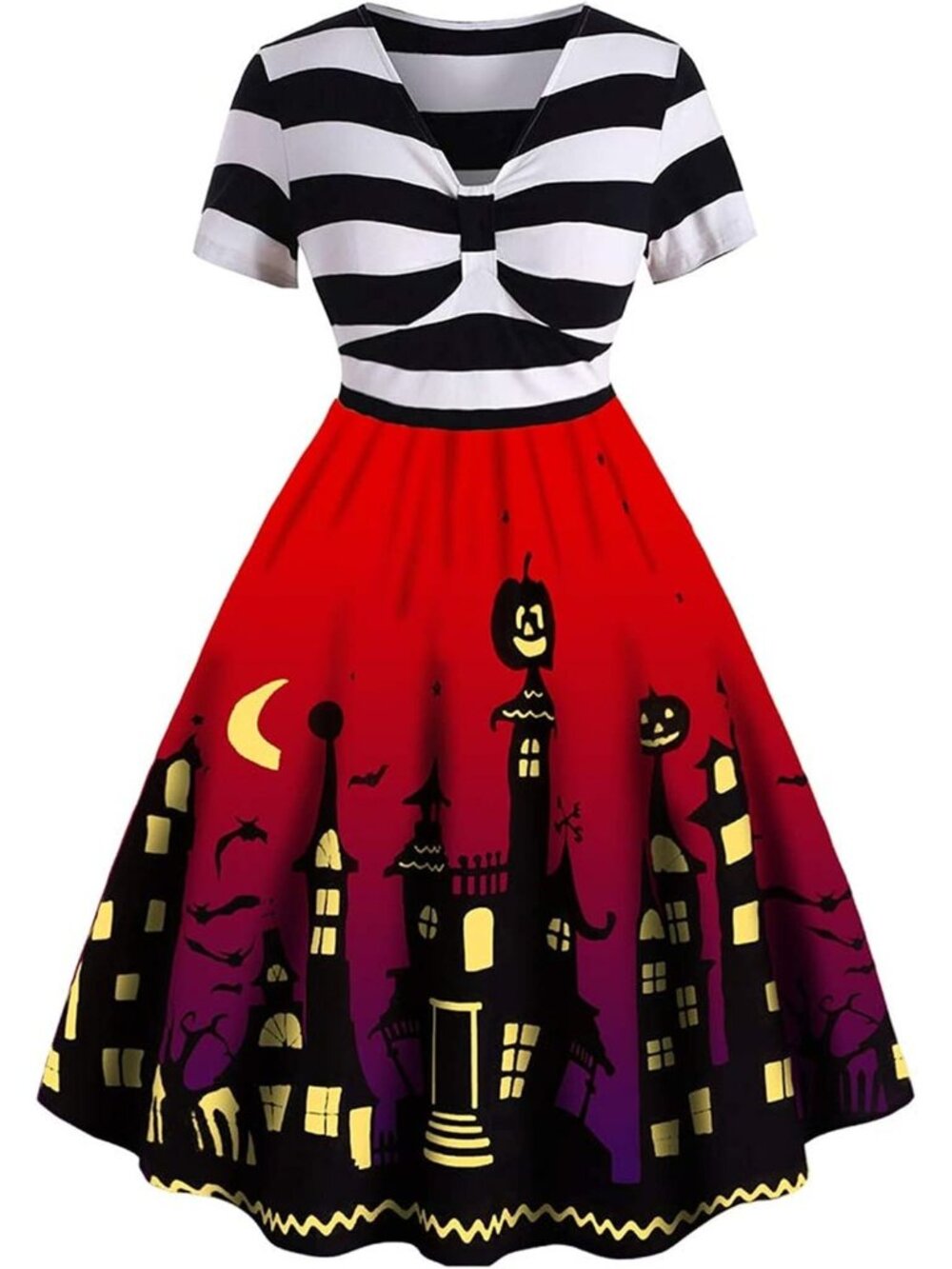 🎃Women's Red Funny Striped A-line V Neck Short Sleeve Halloween Dresses